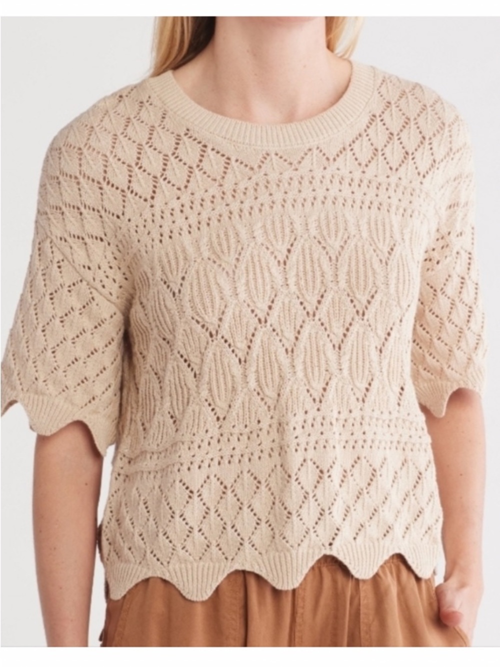Splendid cotton short sleeved sweater with Openwork Scallop-Hem Knit Sweater